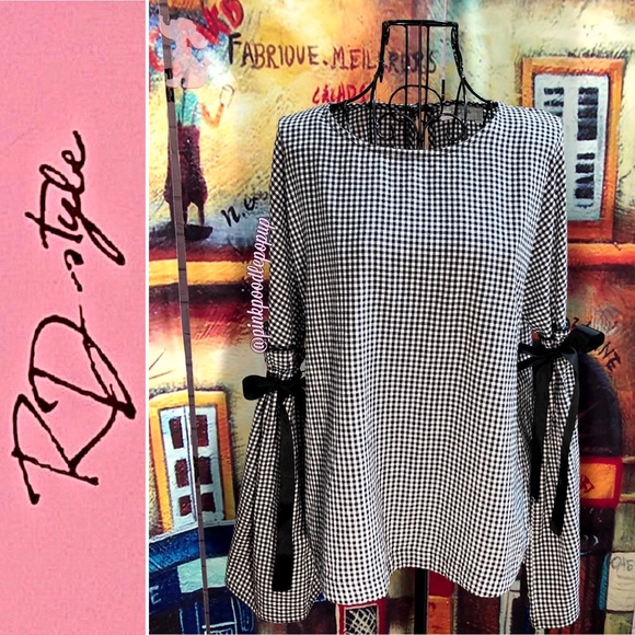 RD Style Tops - RD Style B&W Checked Shirt W/ Long Flared Sleeves
